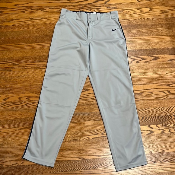 Nike Swoosh Piped Dri-Fit Baseball Pants Grey w/ Navy Piping - Picture 1 of 3